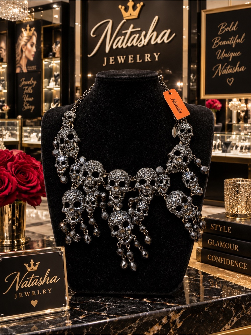 Natasha Couture Black Crystal Skull Bib Necklace